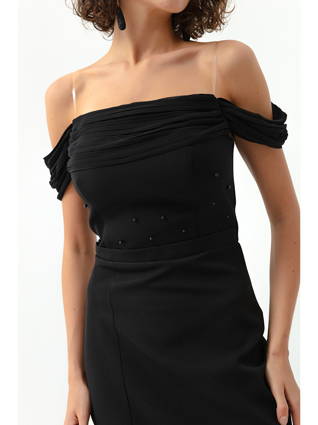 Kadın Siyah Kayık Yaka İncili Uzun Abiye Elbise-1