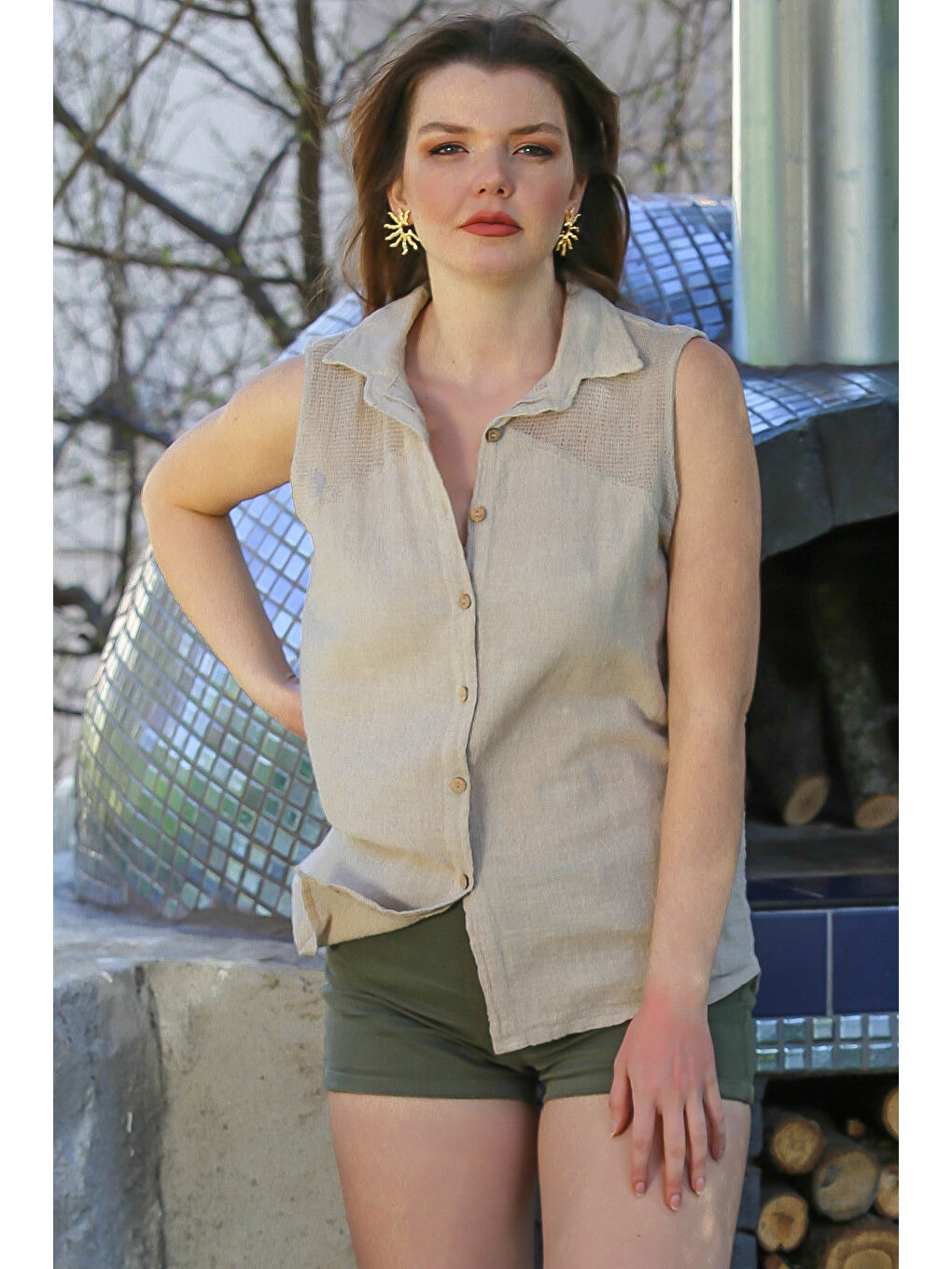 Bej Gömlek Yaka Kolsuz Düğmeli Yıkamalı File Detaylı Casual Dokuma Bluz 72 56-2