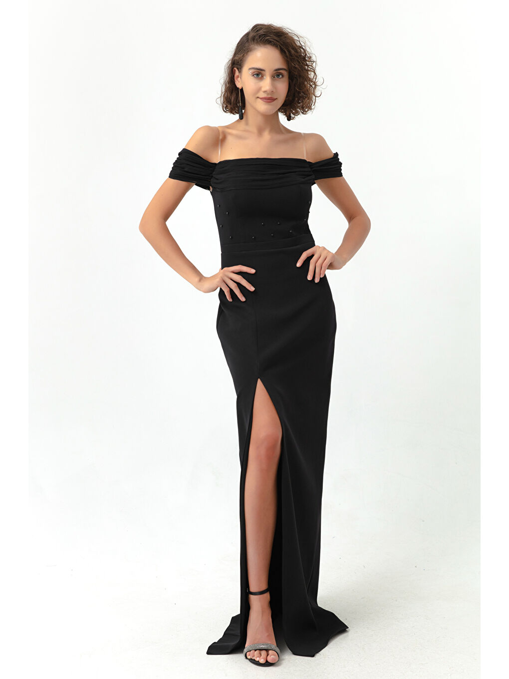 Kadın Siyah Kayık Yaka İncili Uzun Abiye Elbise-2