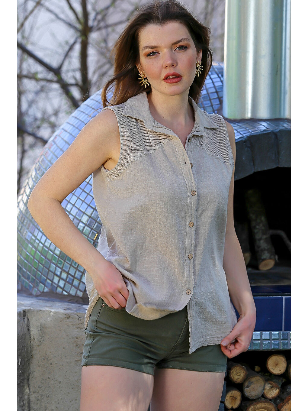 Bej Gömlek Yaka Kolsuz Düğmeli Yıkamalı File Detaylı Casual Dokuma Bluz 72 56-3