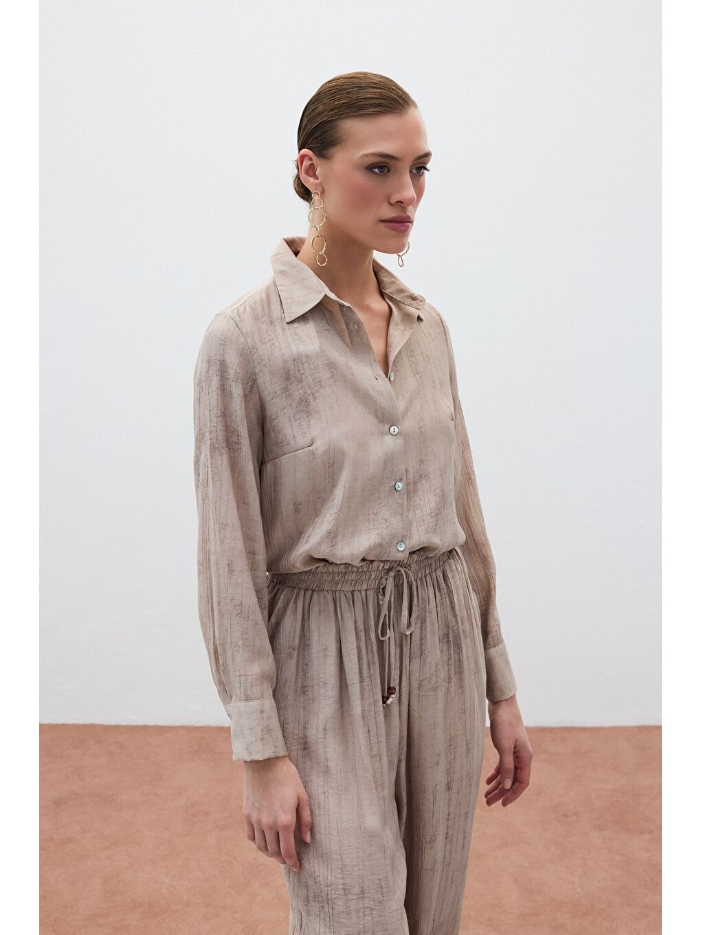 Desenli Salaş Gömlek - Bej-5