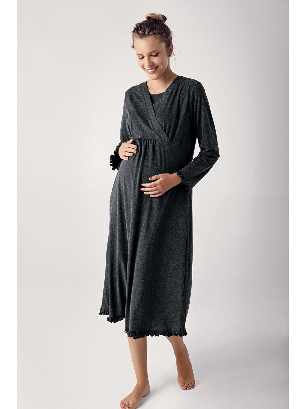 Antrasit Kadın Uzun Kollu Esnek Pamuk Kumaş Hamile Gecelik 13112