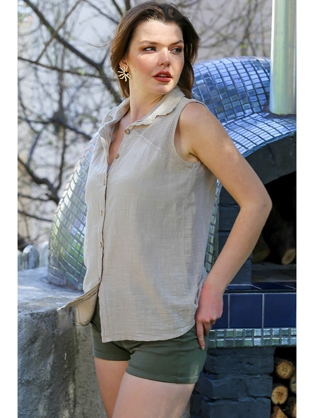 Bej Gömlek Yaka Kolsuz Düğmeli Yıkamalı File Detaylı Casual Dokuma Bluz 72 56-4