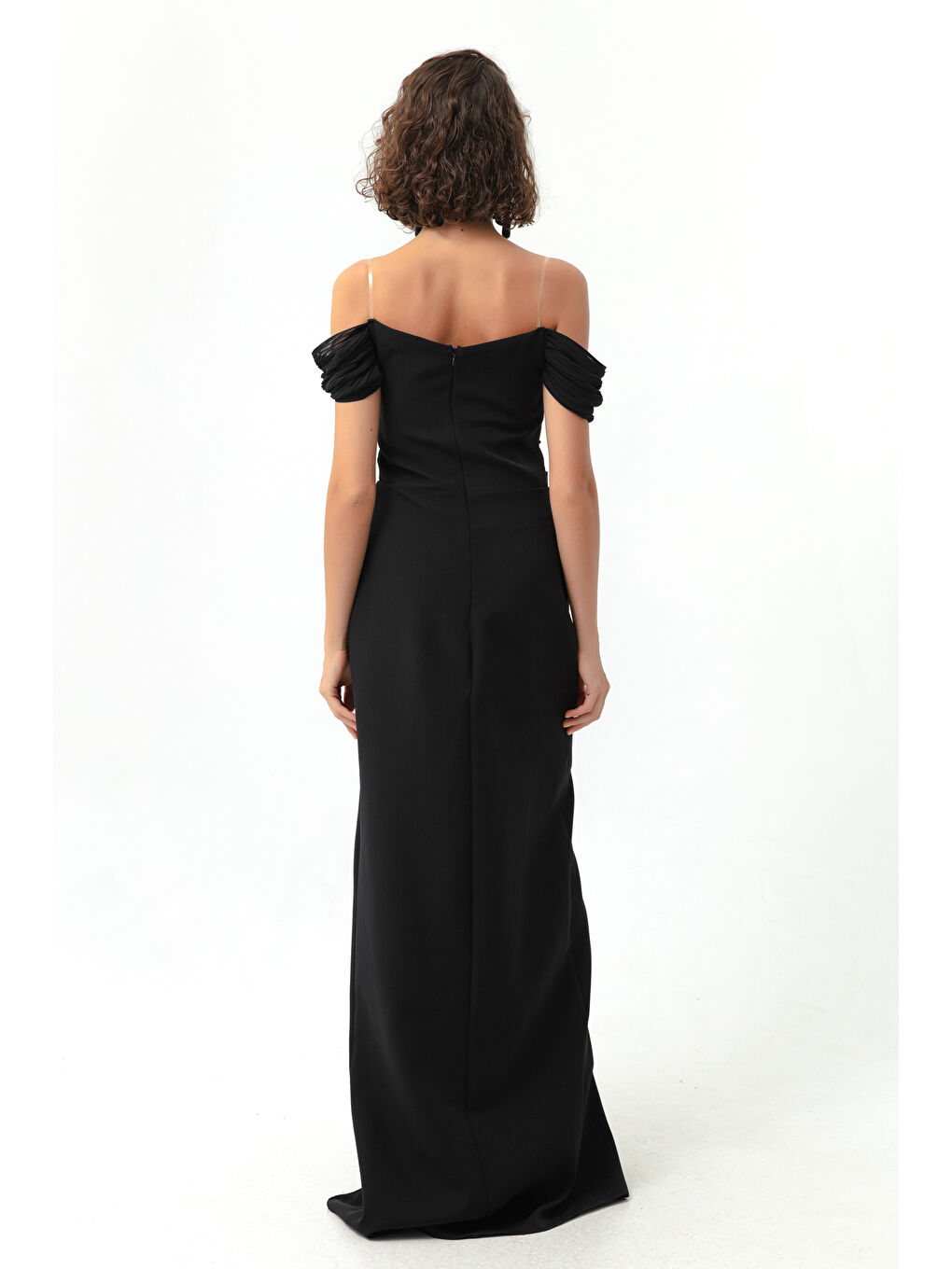 Kadın Siyah Kayık Yaka İncili Uzun Abiye Elbise-4