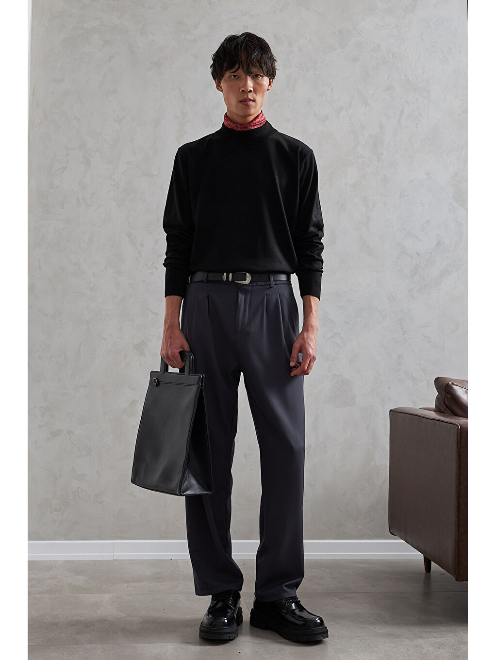 Gri Erkek Pileli Baggy Kalıp Kumaş Pantolon-1