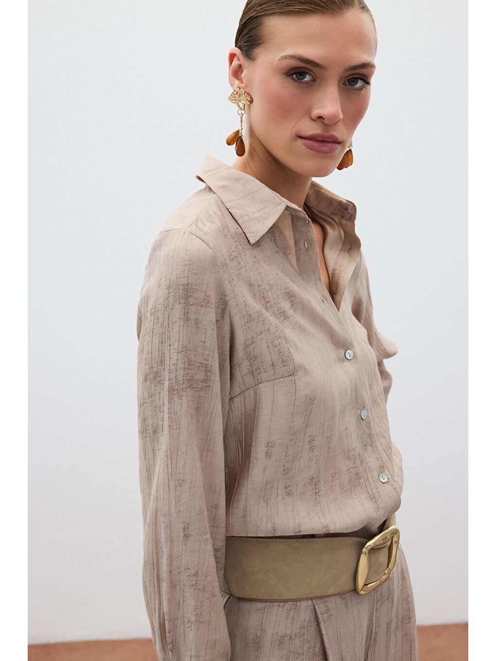 Desenli Salaş Gömlek - Bej-6