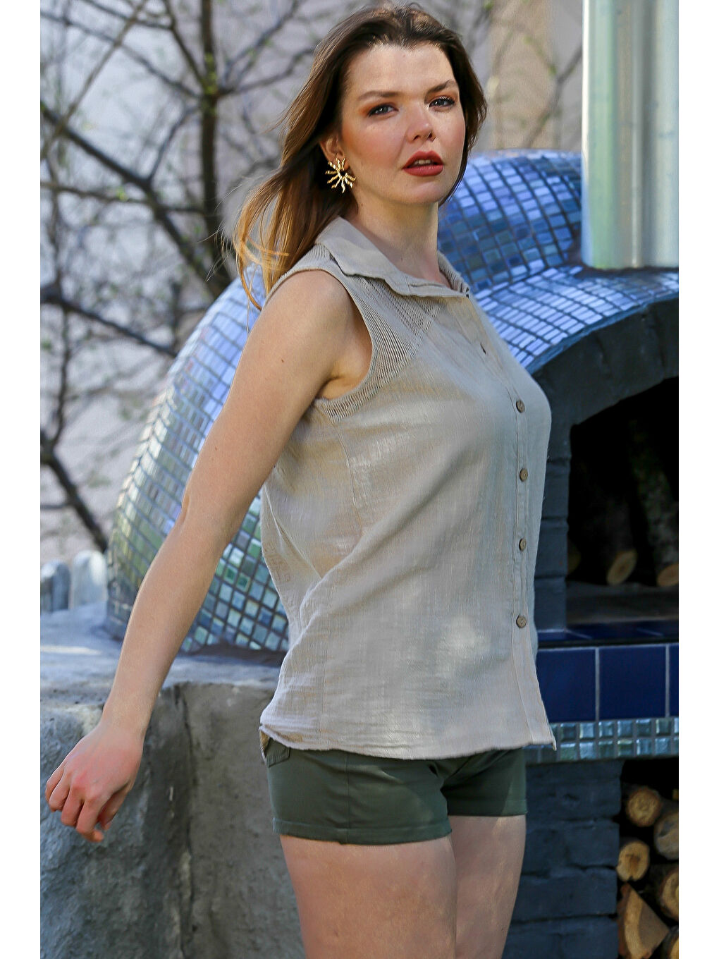 Bej Gömlek Yaka Kolsuz Düğmeli Yıkamalı File Detaylı Casual Dokuma Bluz 72 56-5