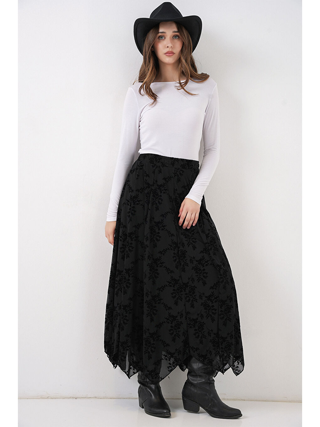 Kadın Desenli Astarlı Etek 8059 - Siyah