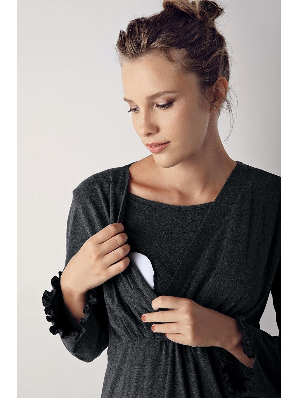 Antrasit Kadın Uzun Kollu Esnek Pamuk Kumaş Hamile Gecelik 13112-1