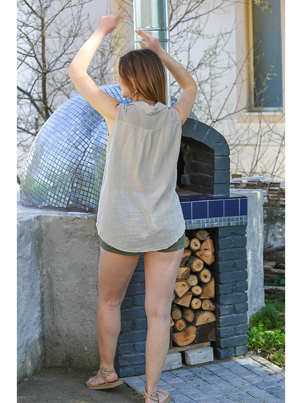 Bej Gömlek Yaka Kolsuz Düğmeli Yıkamalı File Detaylı Casual Dokuma Bluz 72 56-7