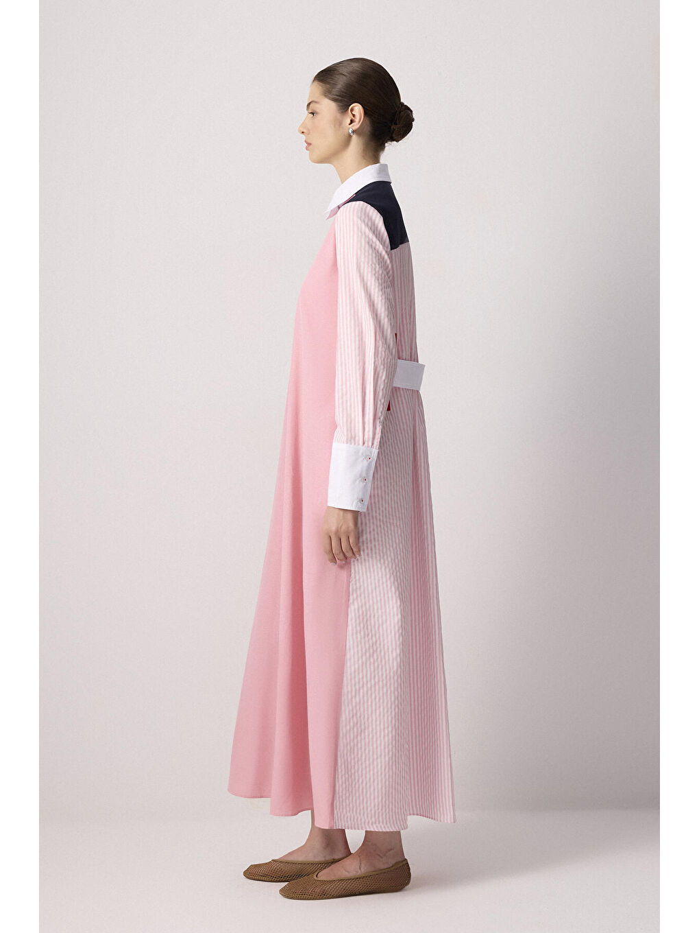 Pembe Blok Renkli Gömlek Elbise-2