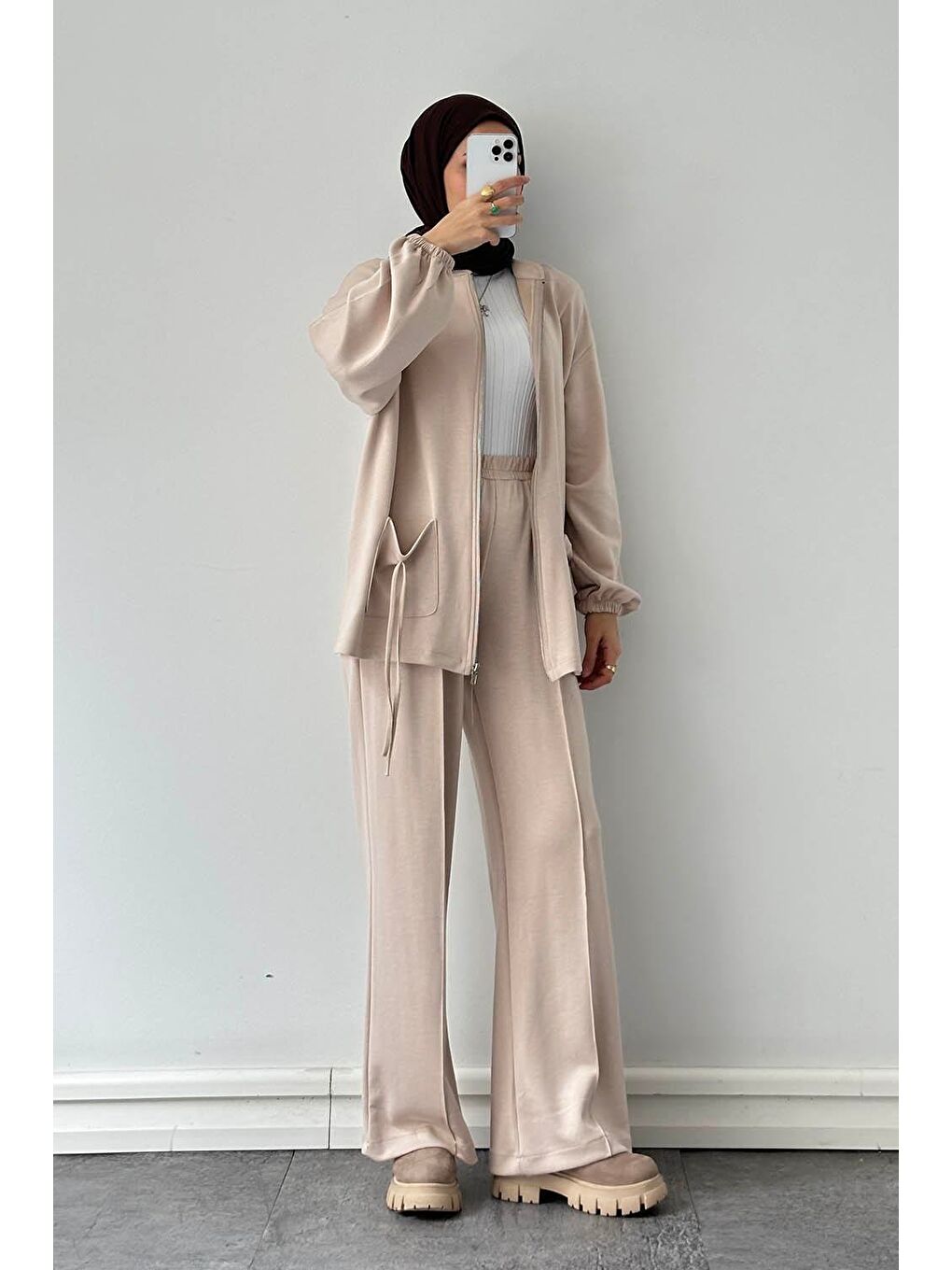 Ekru Biyeli Cepli İkili Takım Krem-1