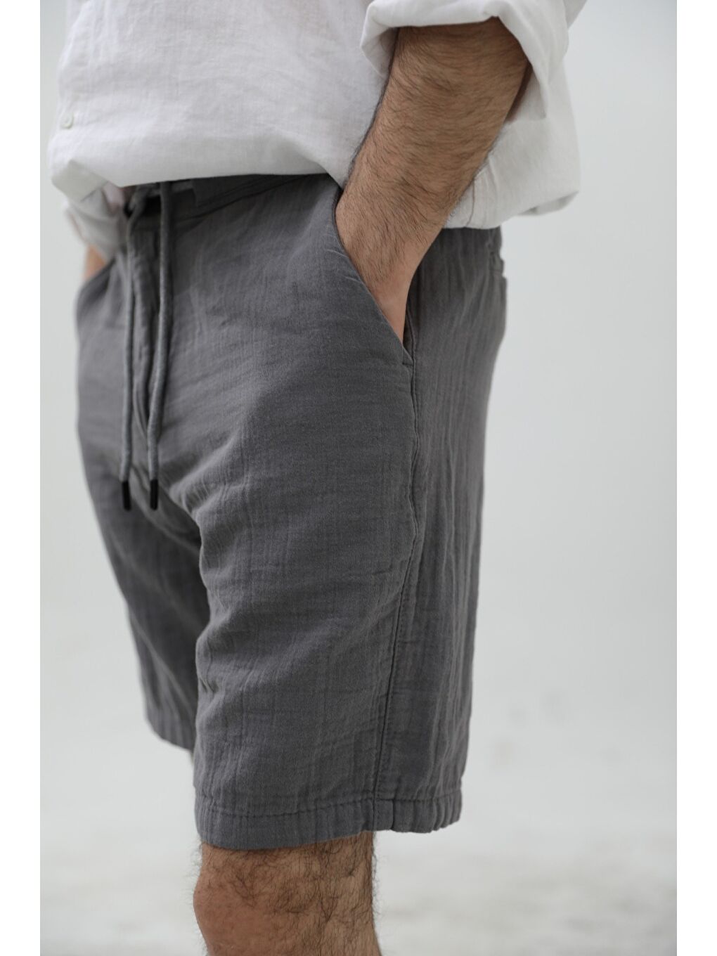 Gri Erkek Musli Bağcıklı Keten Şort