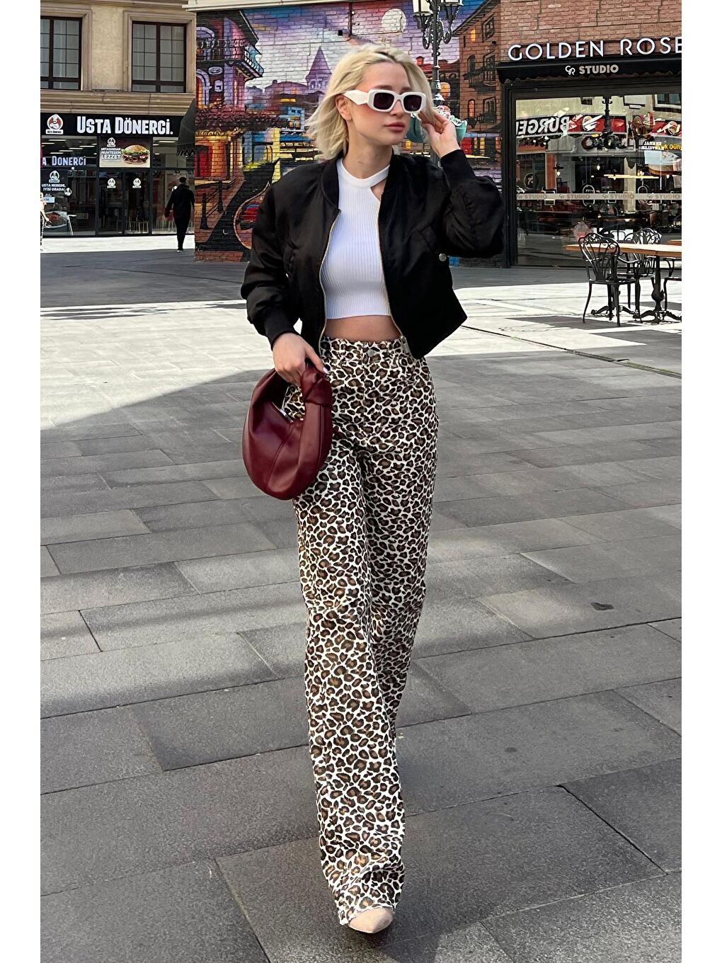 Kahverengi Leopar Palazzo Kadın Jean Pantolon Mg2063-6