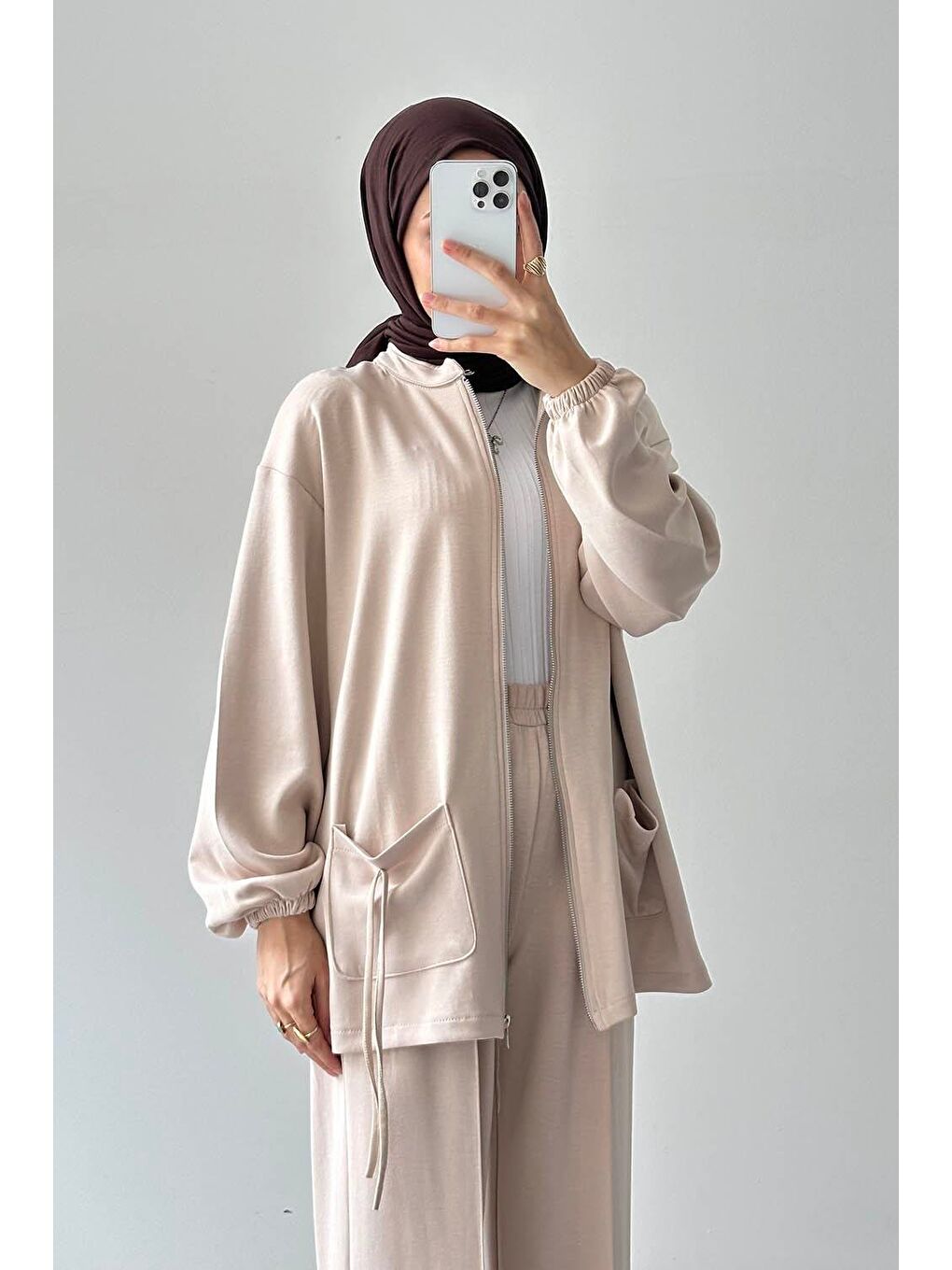 Ekru Biyeli Cepli İkili Takım Krem-2