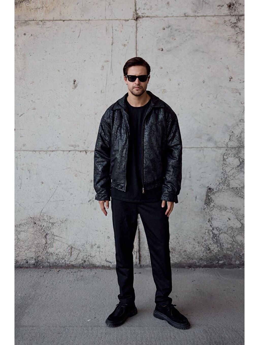 Siyah Tica Beli Lastikli Damarlı  Erkek Deri Görünümlü Mont Ceket-2