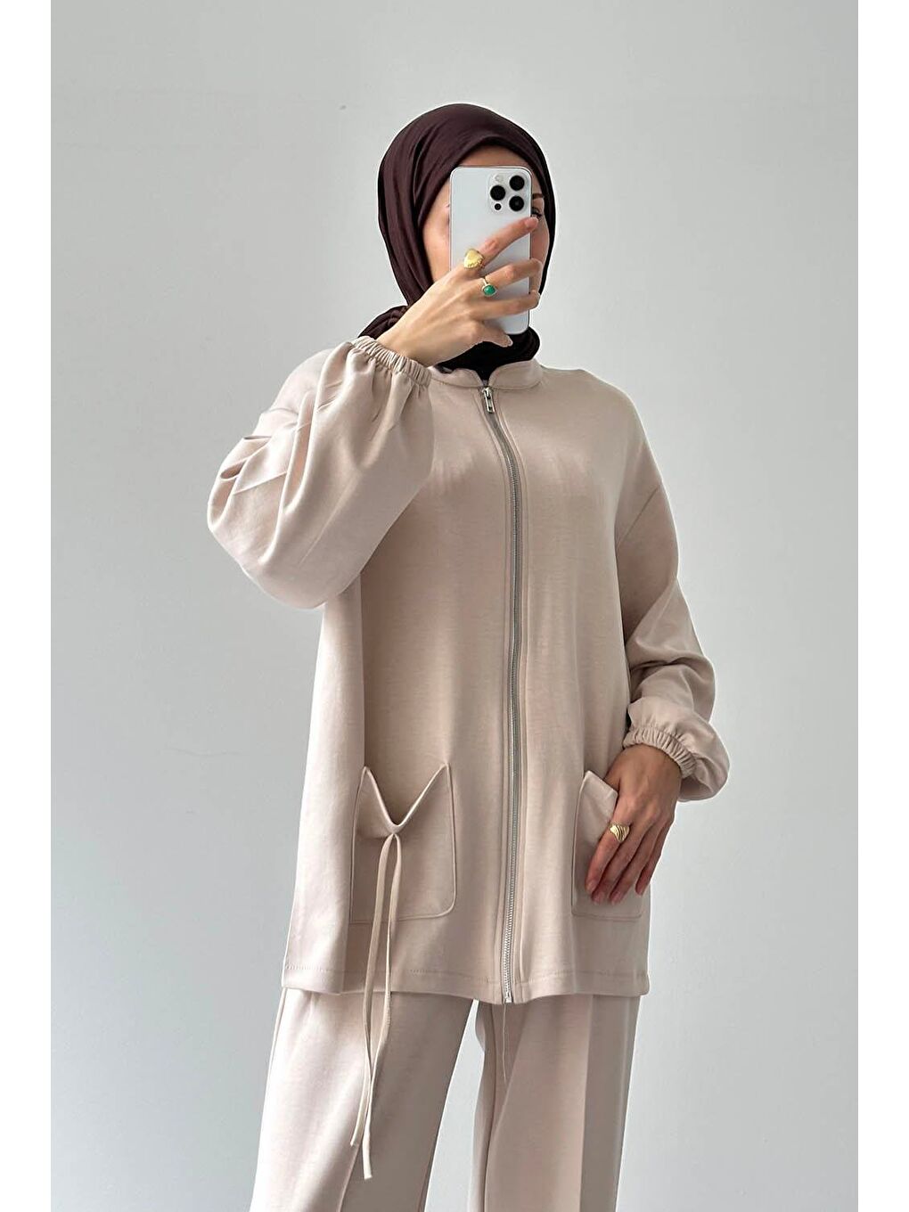 Ekru Biyeli Cepli İkili Takım Krem-3