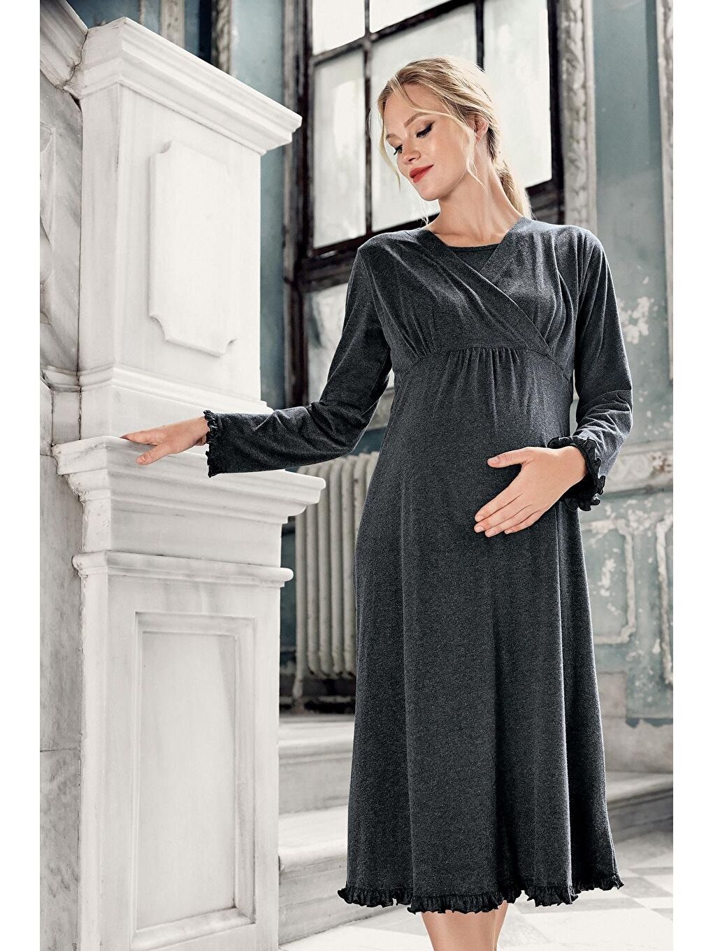 Antrasit Kadın Uzun Kollu Esnek Pamuk Kumaş Hamile Gecelik 13112-3