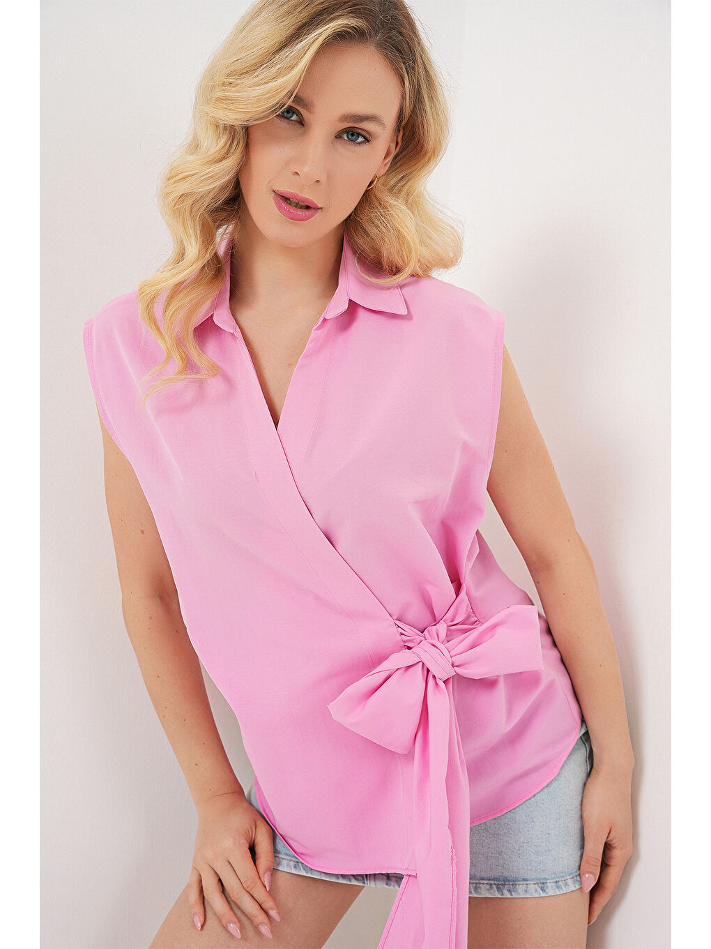 Kadın Sıfır Kol Anvelop Gömlek 20343 - Pembe