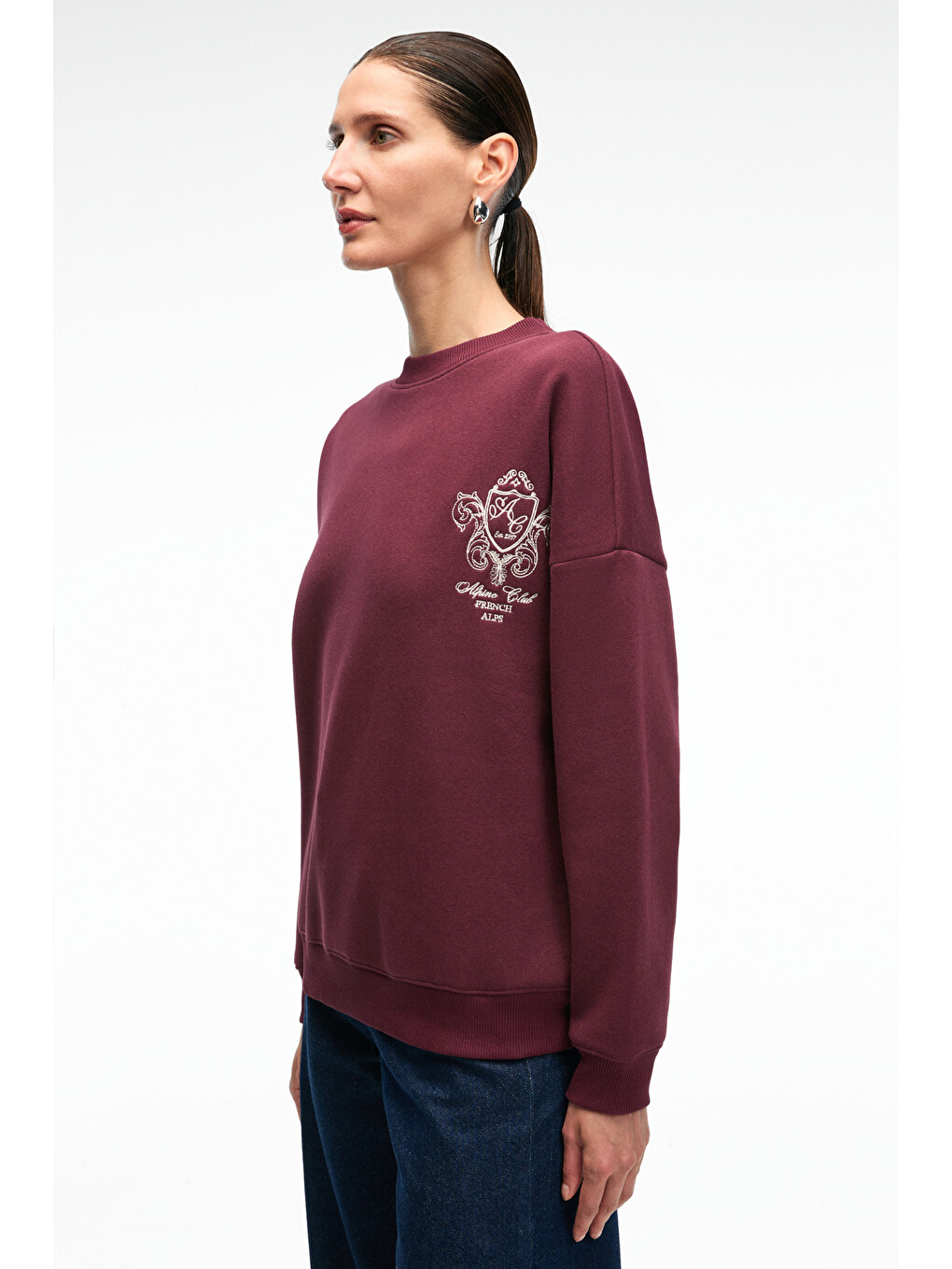 Audra Kadın Oversize Yuvarlak Yaka Nakış Detaylı Bordo Sweatshirt-4