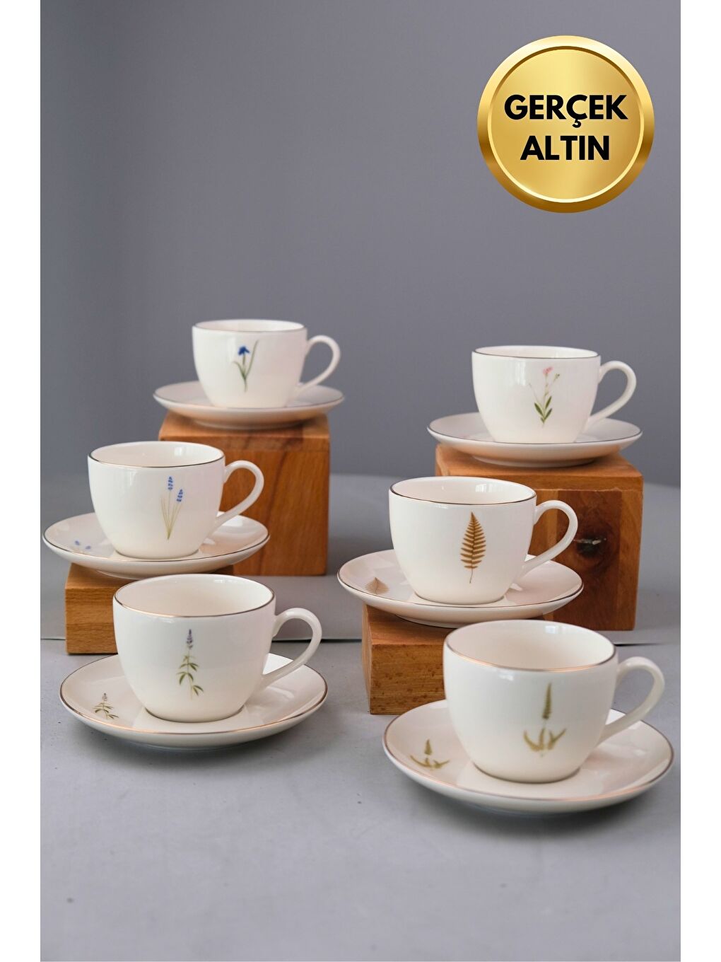 Beyaz Porselen Natura Karma Altın Yaldızlı Çay Fincan Takımı 190cc 6 Kişilik 12 Parça-1
