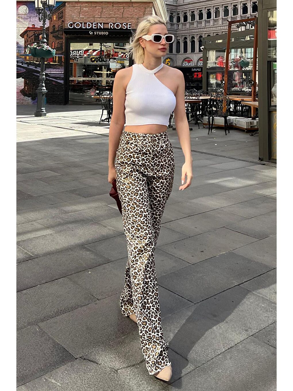 Kahverengi Leopar Palazzo Kadın Jean Pantolon Mg2063-7