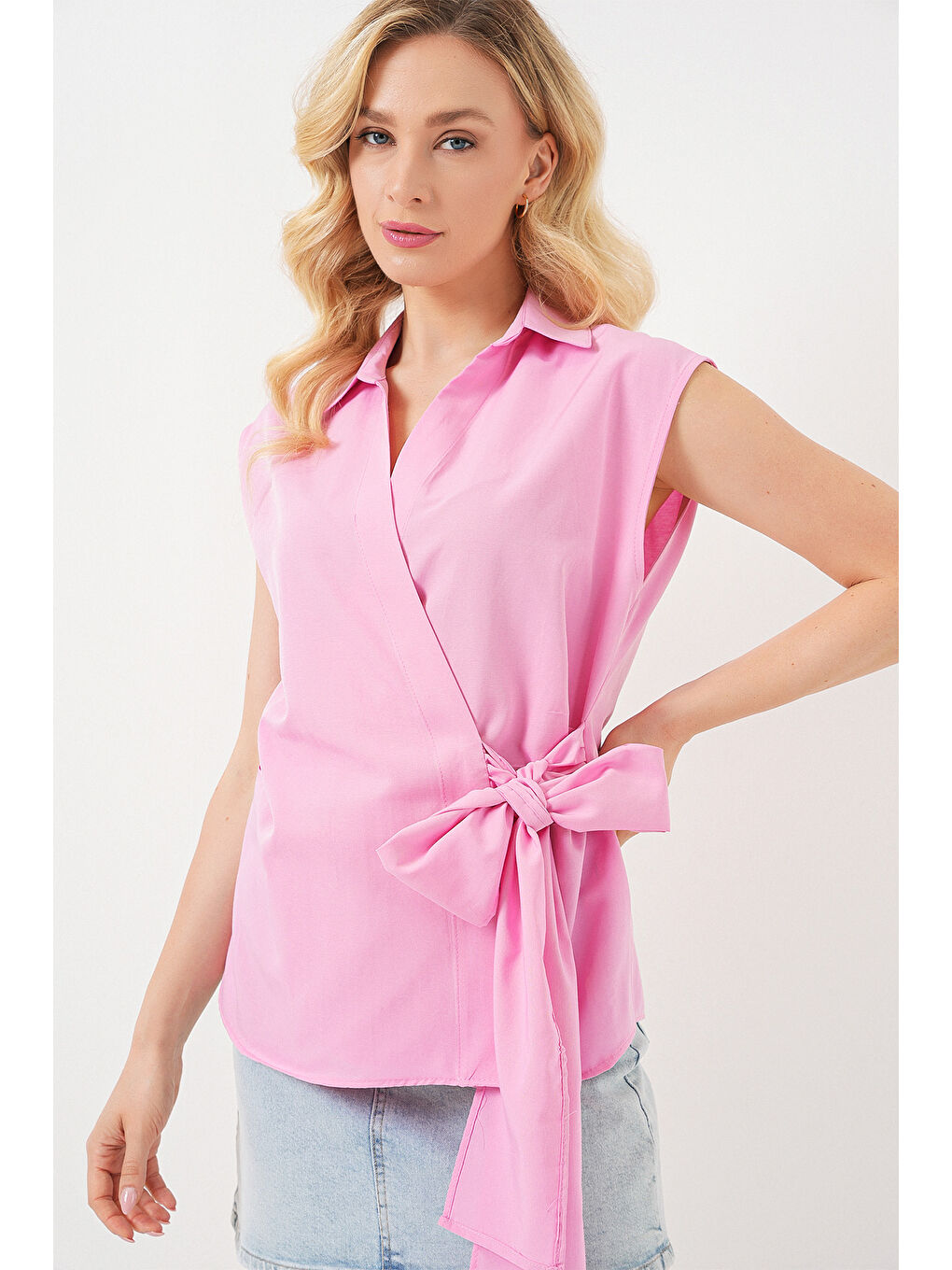 Kadın Sıfır Kol Anvelop Gömlek 20343 - Pembe-3