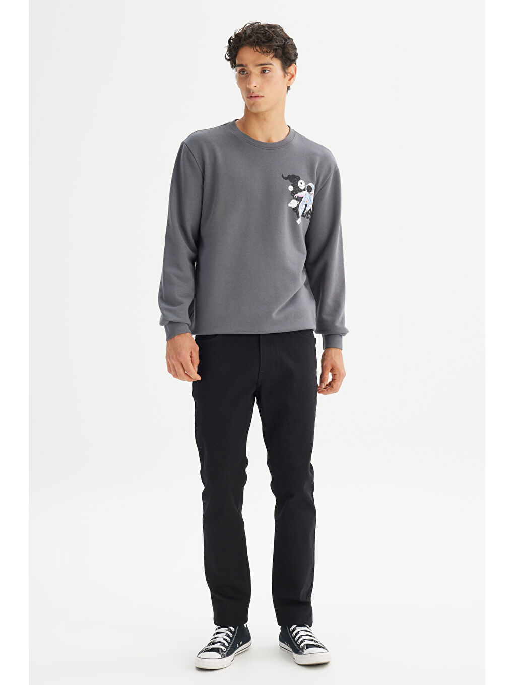 Regular Fit Bisiklet Yaka Baskılı Antrasit Sweatshirt-1