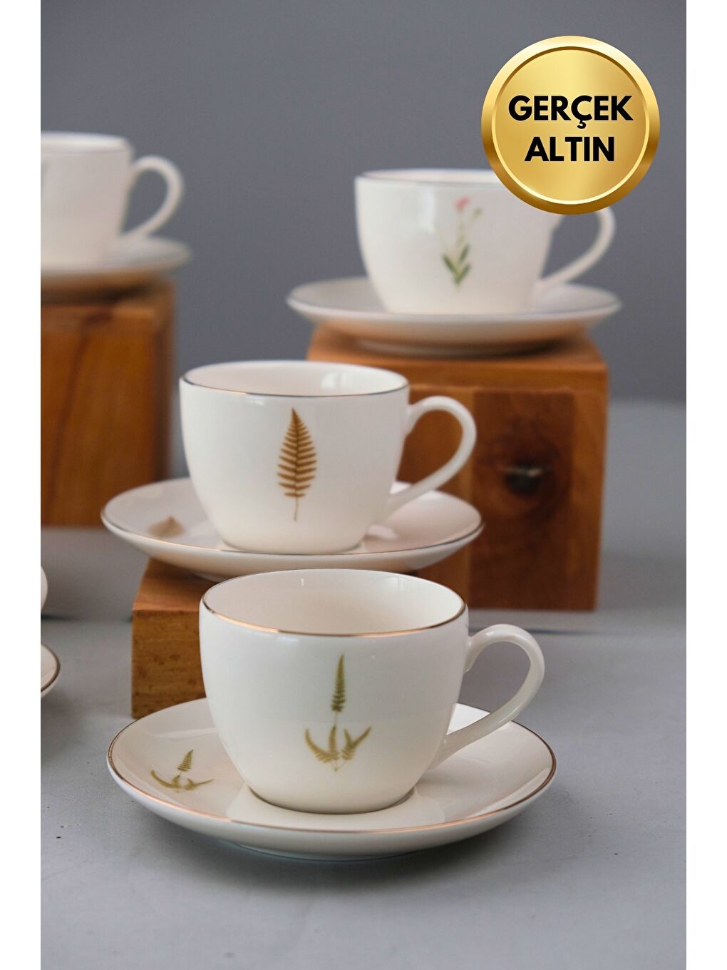 Beyaz Porselen Natura Karma Altın Yaldızlı Çay Fincan Takımı 190cc 6 Kişilik 12 Parça-2