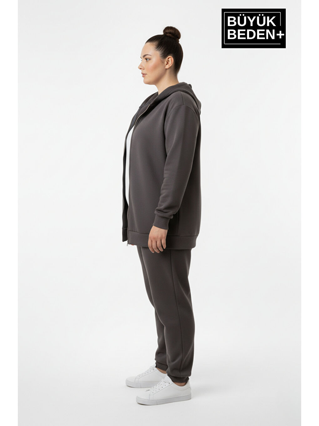 Gri Kadın Büyük Beden Fermuarlı Kapüşonlu Sweatshirt Hırka - Rahat Kalıp SPR26BHR960-1