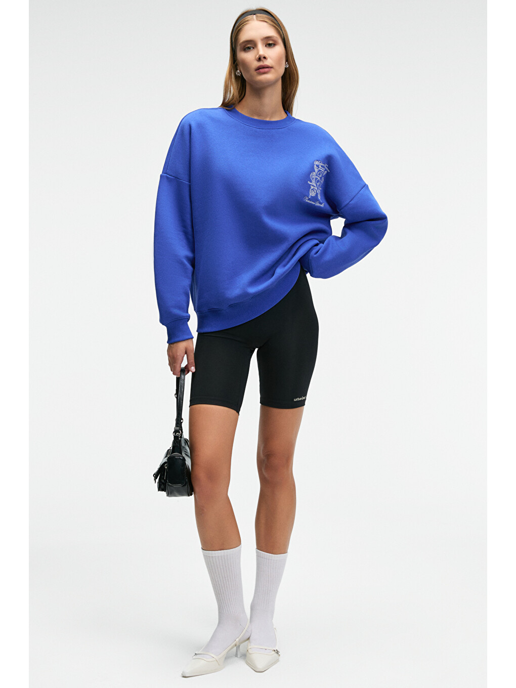 Audra Kadın Oversize Yuvarlak Yaka Nakış Detaylı Mavi Sweatshirt-4