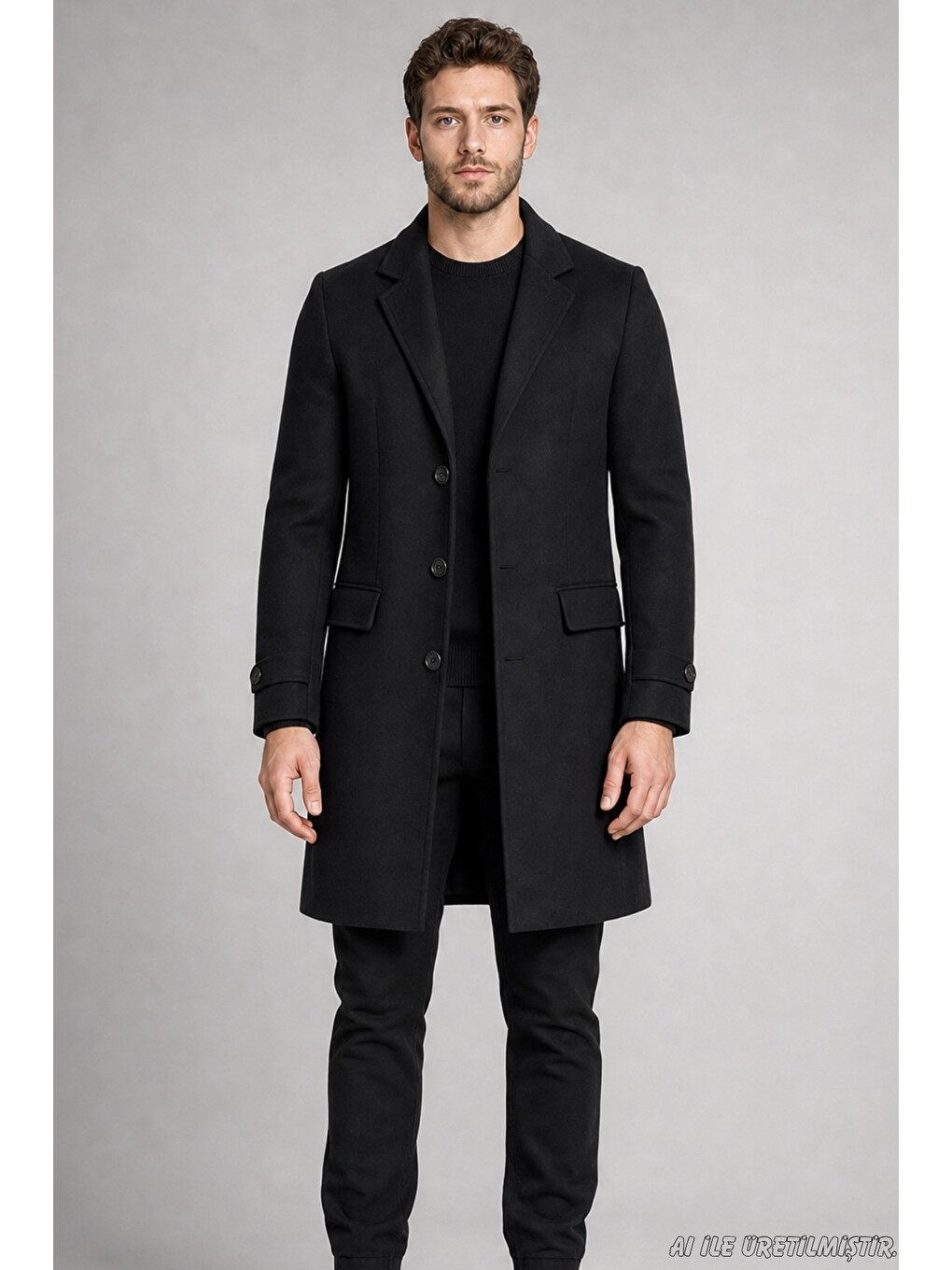 Siyah Erkek Slim Fit Klasik Yaka 3 Düğmeli Uzun Kaşe Kaban