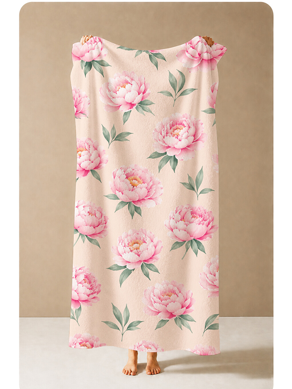 Romantik Pudra Pembe Şakayık Çiçekli Botanik Desenli 70x150 Plaj Havlusu - Pamuklu Banyo Havlusu-3