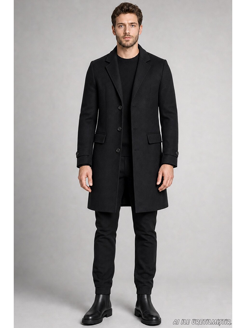 Siyah Erkek Slim Fit Klasik Yaka 3 Düğmeli Uzun Kaşe Kaban-1
