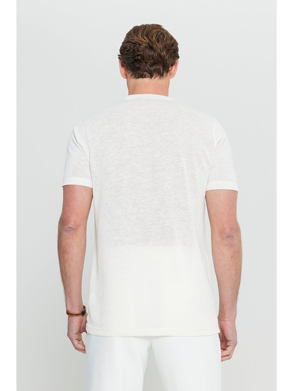 Erkek Ekru Pamuklu Slim Fit Dar Kesim Bisiklet Yaka Tişört-5