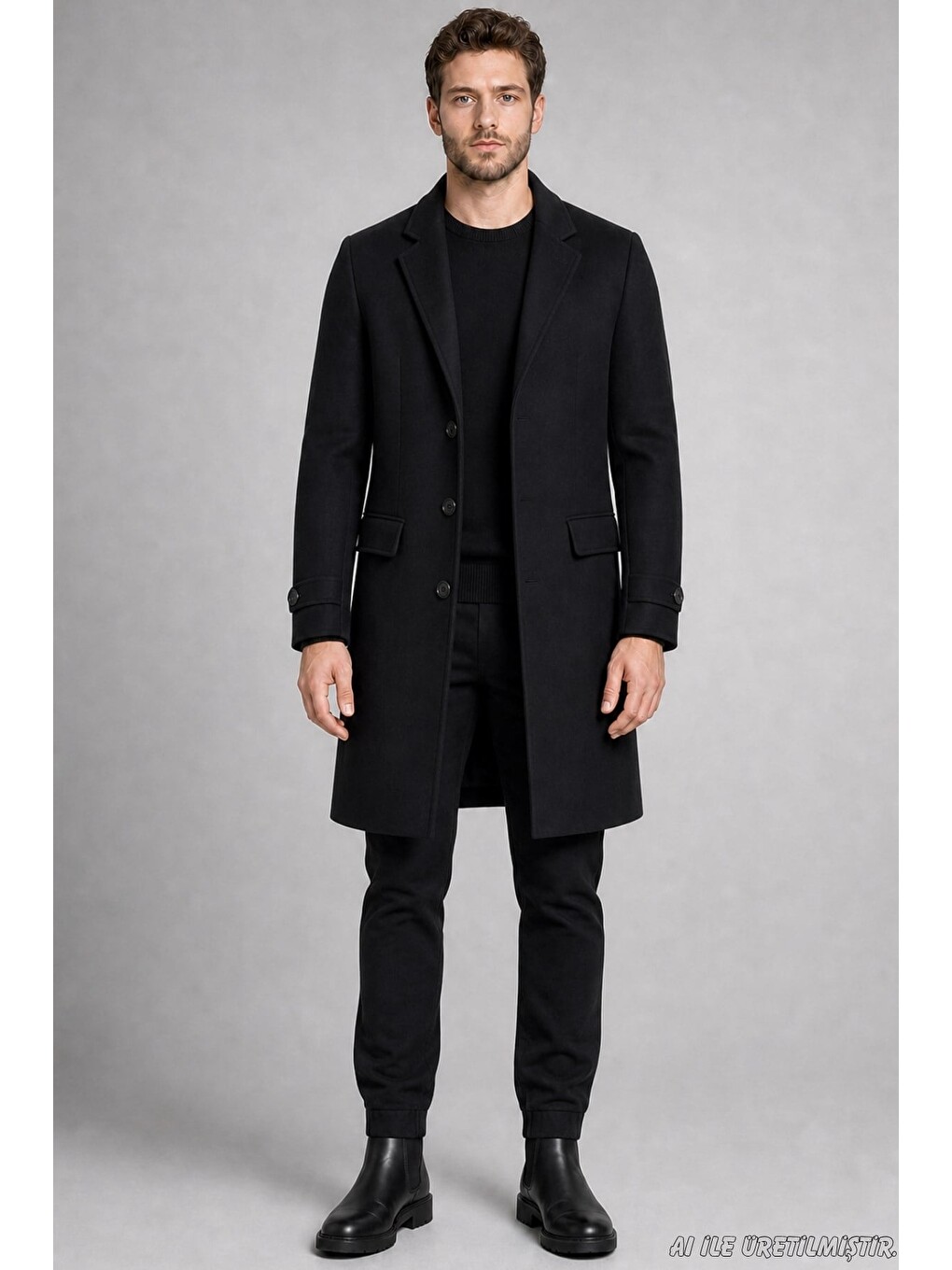 Siyah Erkek Slim Fit Klasik Yaka 3 Düğmeli Uzun Kaşe Kaban-2
