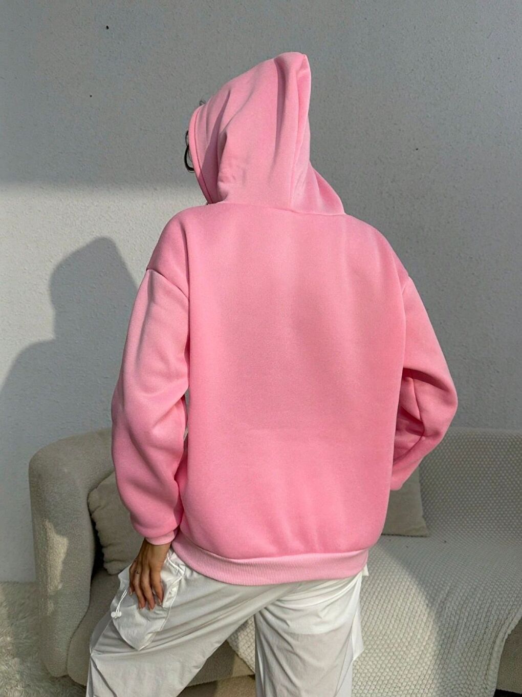 Kadın Pembe Kalpli Baskı Oversize Kapüşonlu Sweatshirt Hoodie-1