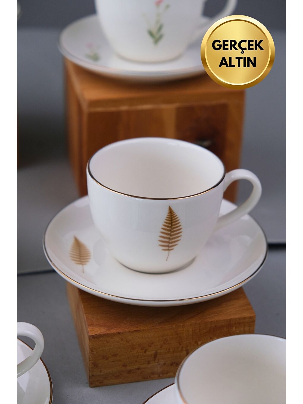Beyaz Porselen Natura Karma Altın Yaldızlı Çay Fincan Takımı 190cc 6 Kişilik 12 Parça-6