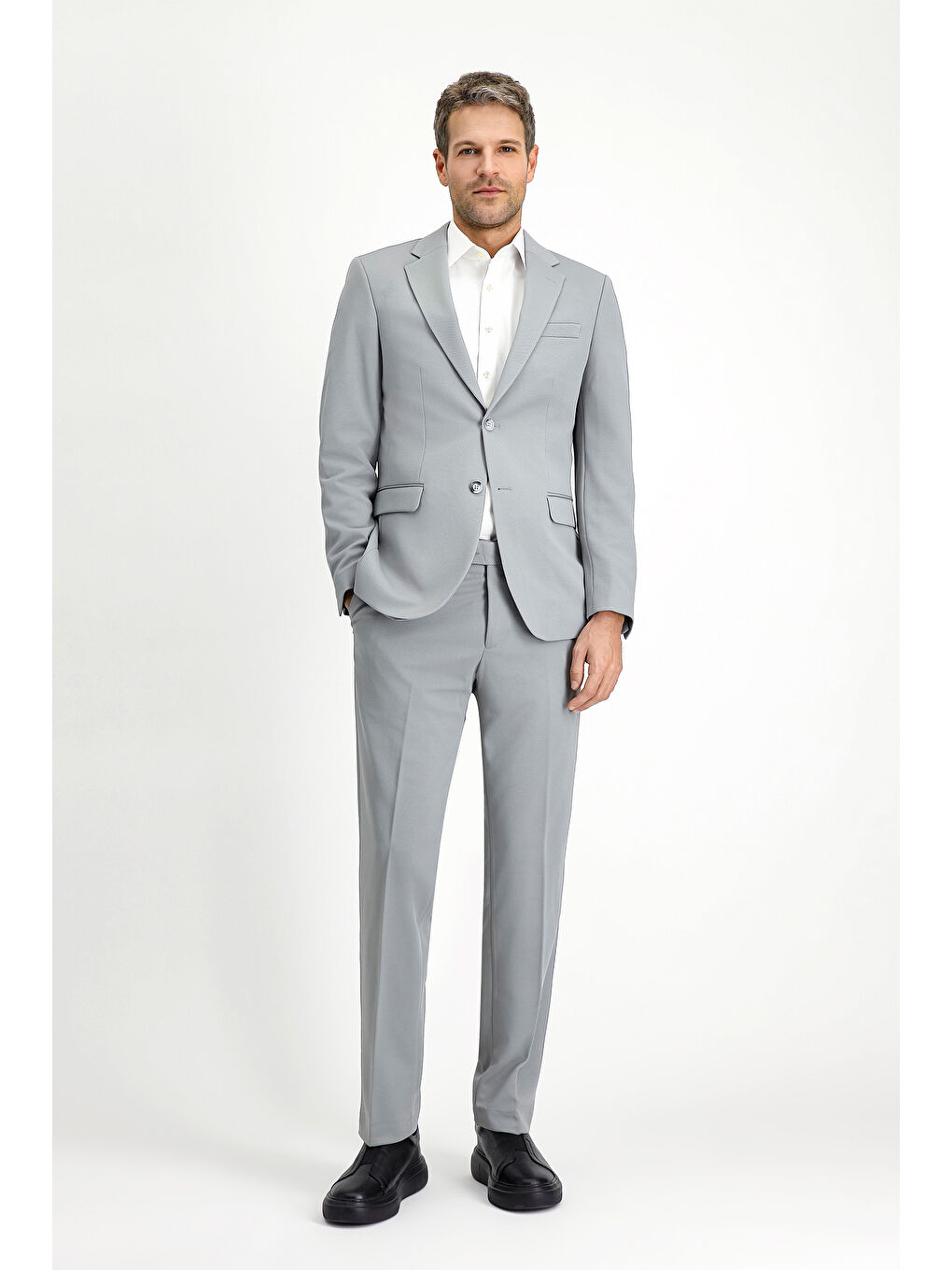 Gri 7 Drop Slim Fit Dar Kesim Mevsimlik Mono Yaka Takım Elbise