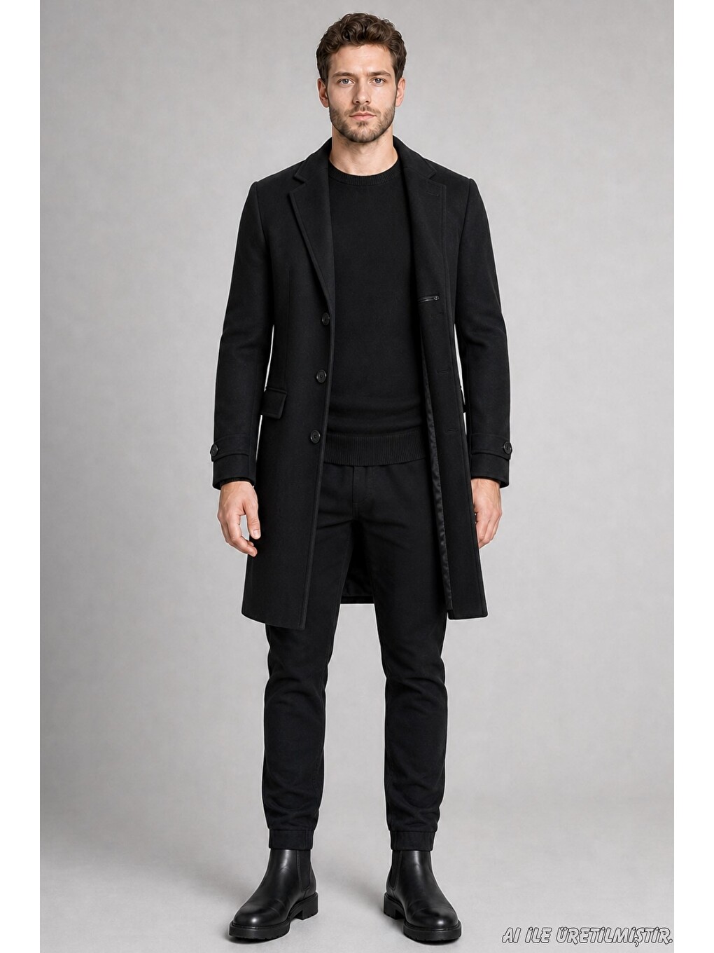 Siyah Erkek Slim Fit Klasik Yaka 3 Düğmeli Uzun Kaşe Kaban-3