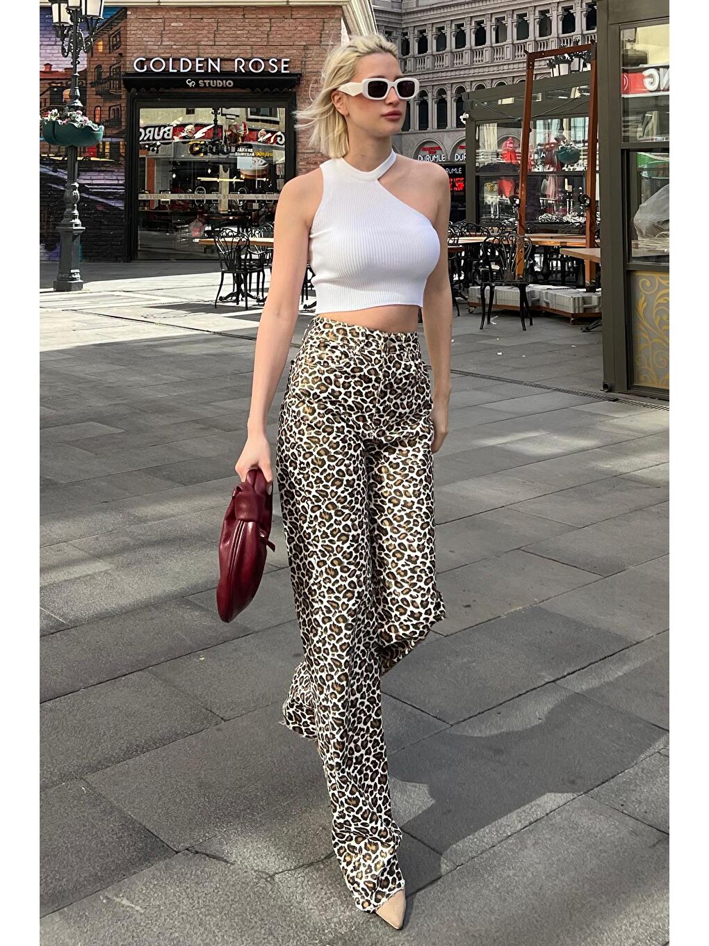 Kahverengi Leopar Palazzo Kadın Jean Pantolon Mg2063-8