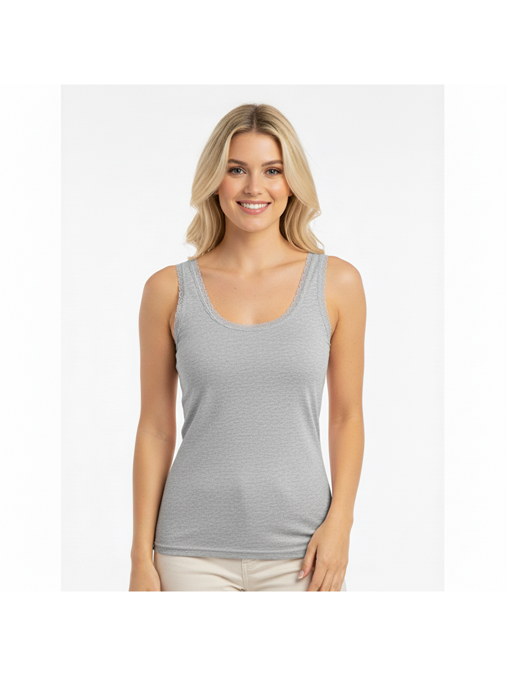 Gri Kadın Pamuklu Süs Dantelli Kalın Askılı Atlet Bb2092