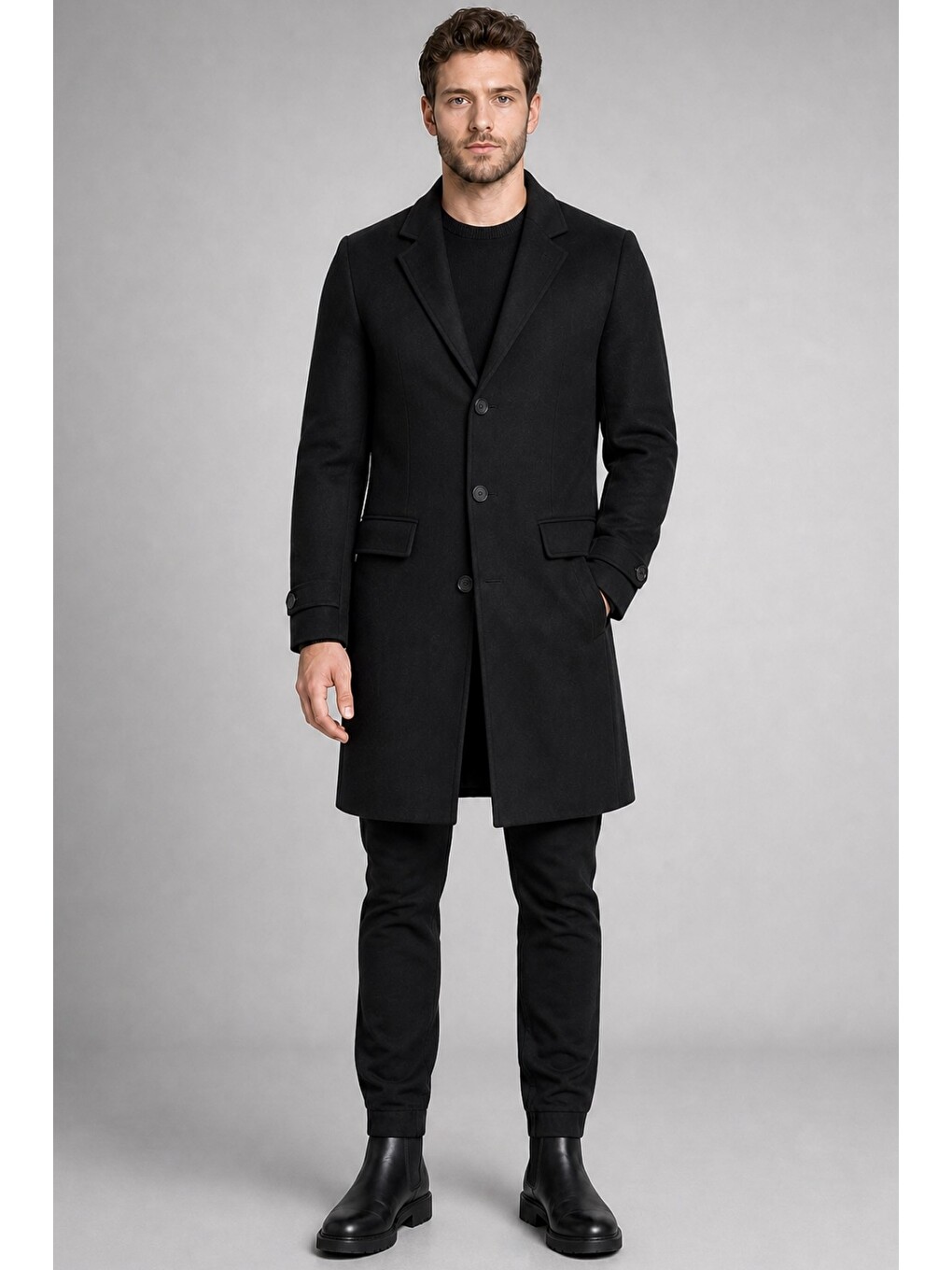 Siyah Erkek Slim Fit Klasik Yaka 3 Düğmeli Uzun Kaşe Kaban-4