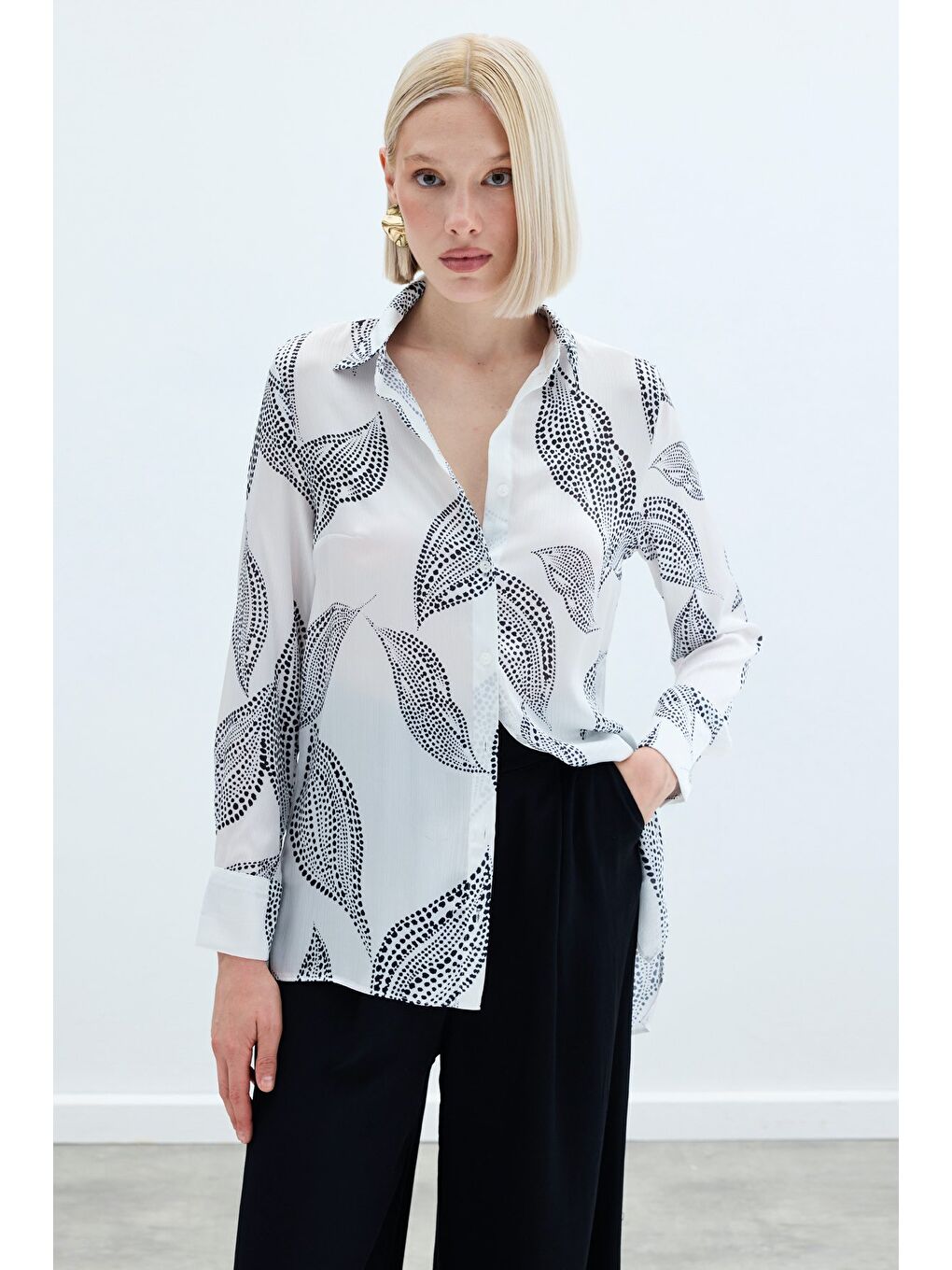 Arkası Uzun Desenli Gömlek - Ekru