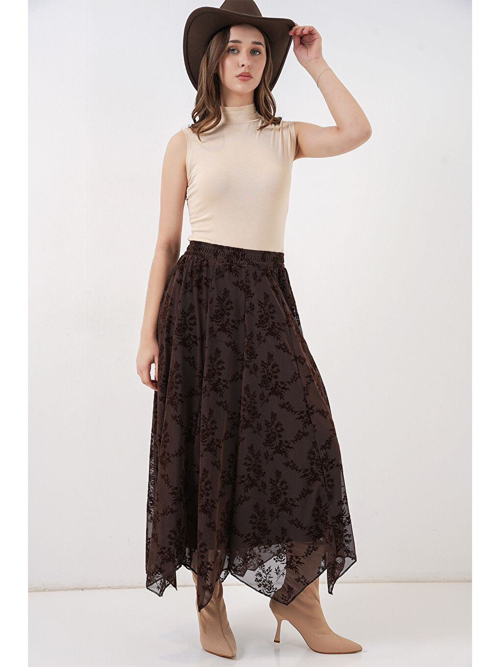 Kadın Desenli Astarlı Etek 8059 - Kahverengi