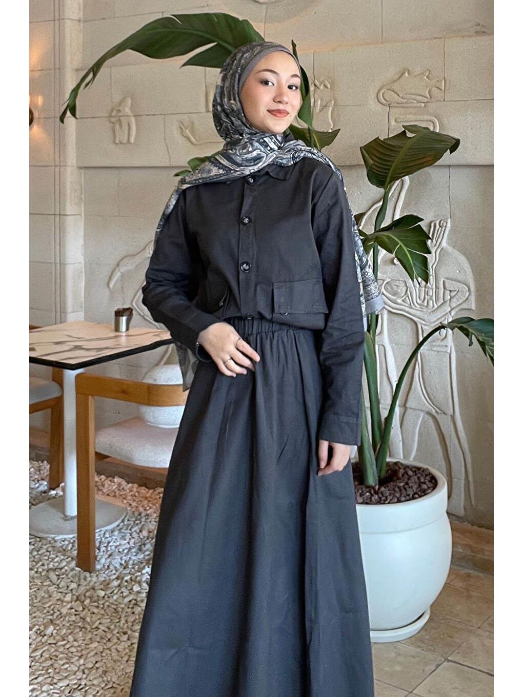 Cep Detaylı İkili Etek Tesettür Takım Antrasit-3