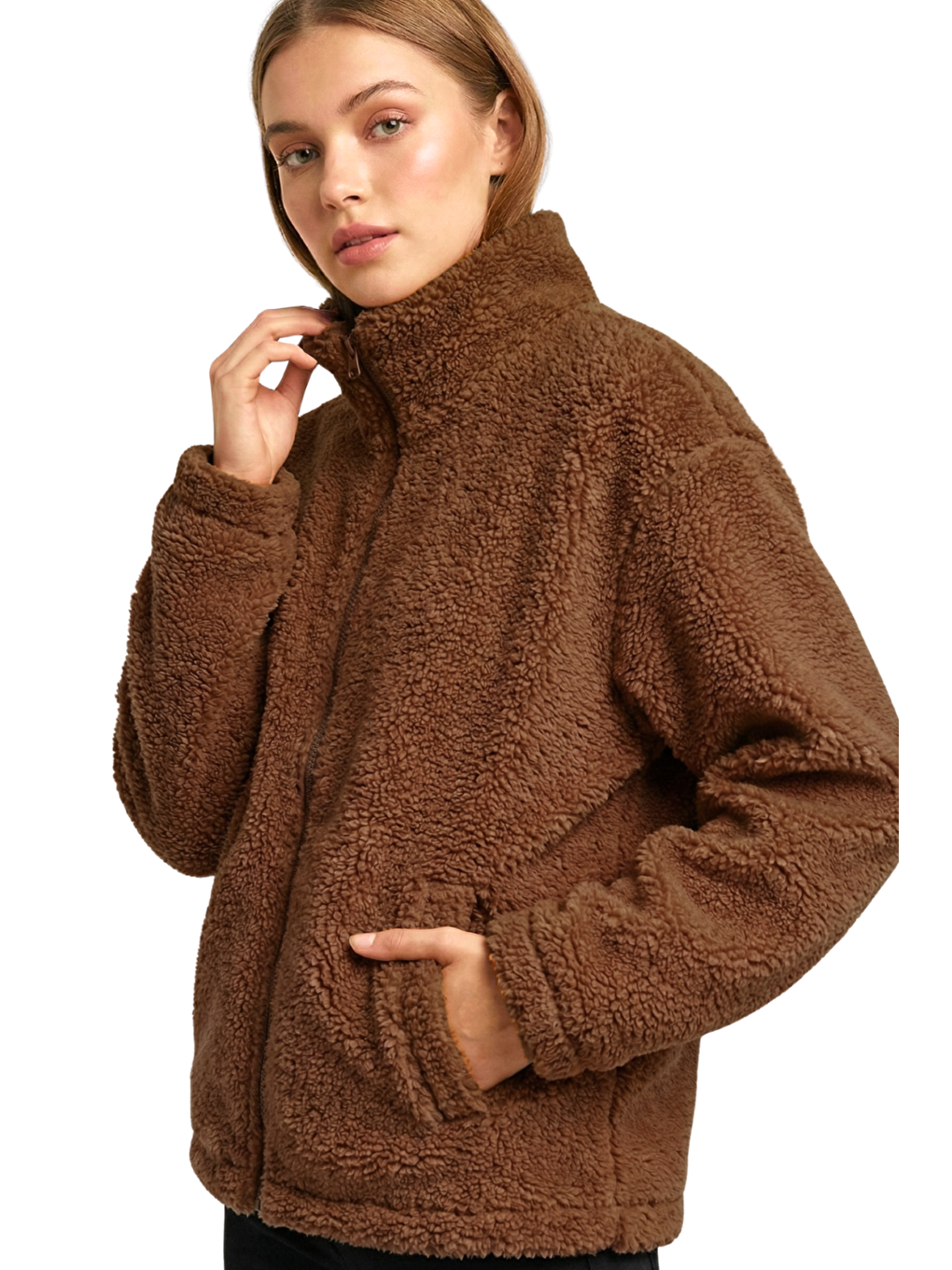 Kahverengi Kadın Pelüş Tam Fermuarlı Cepli Sherpa Kuzu Kumaş Oversize Pelüş Polar Sweatshirt