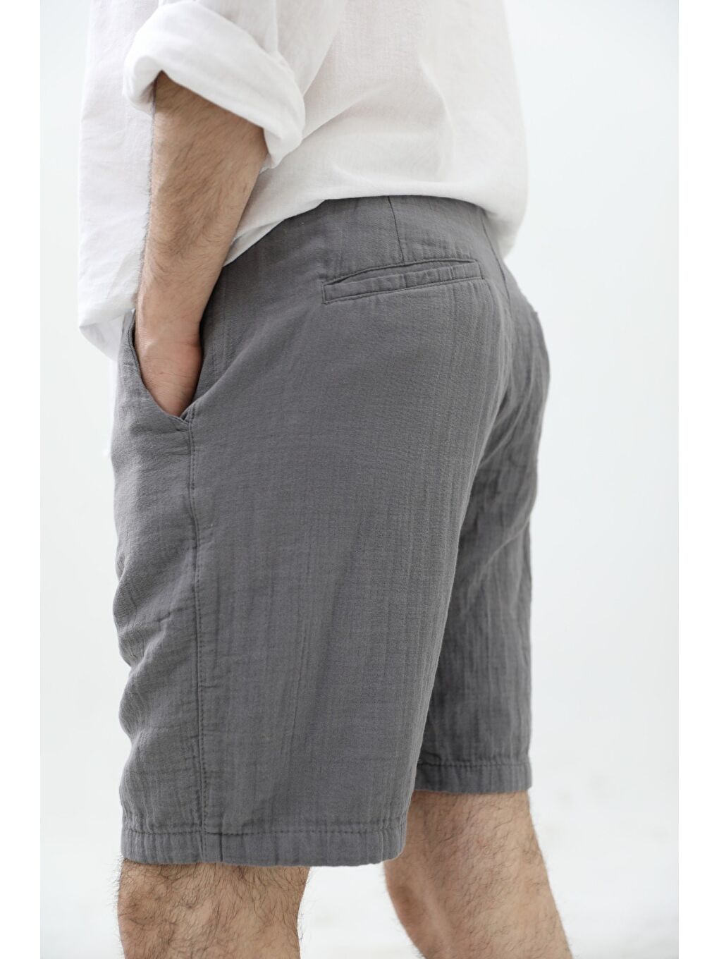Gri Erkek Musli Bağcıklı Keten Şort-1