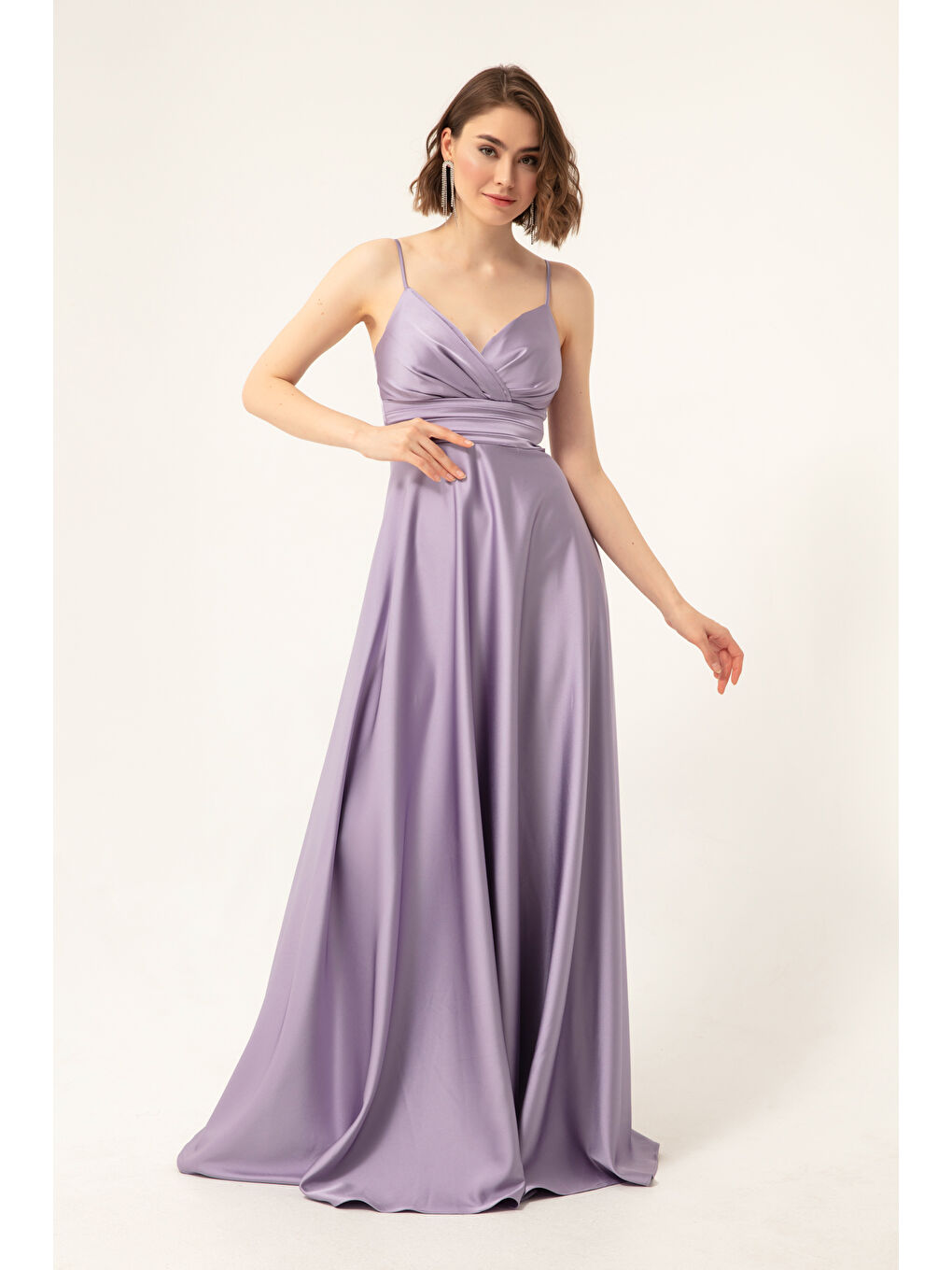Kadın Lila İp Askılı Bel Kemerli Saten Uzun Abiye & Mezuniyet Elbisesi-1