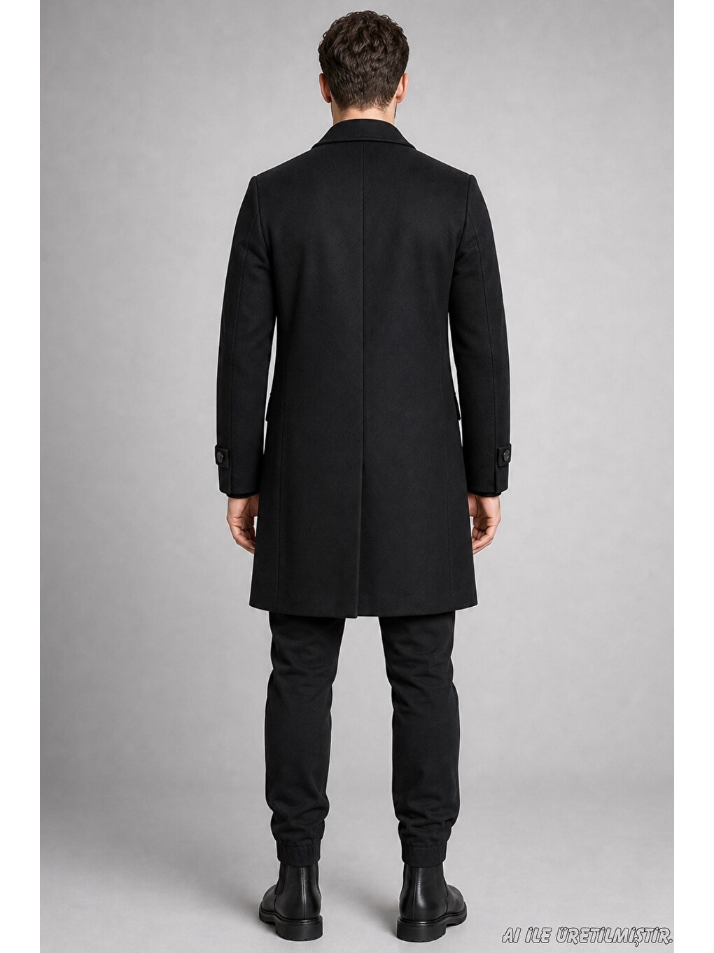 Siyah Erkek Slim Fit Klasik Yaka 3 Düğmeli Uzun Kaşe Kaban-5